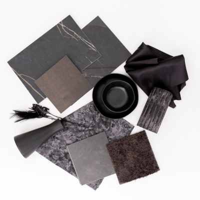 return to noir moodboard with black carpet, cherry hardwood, black tile